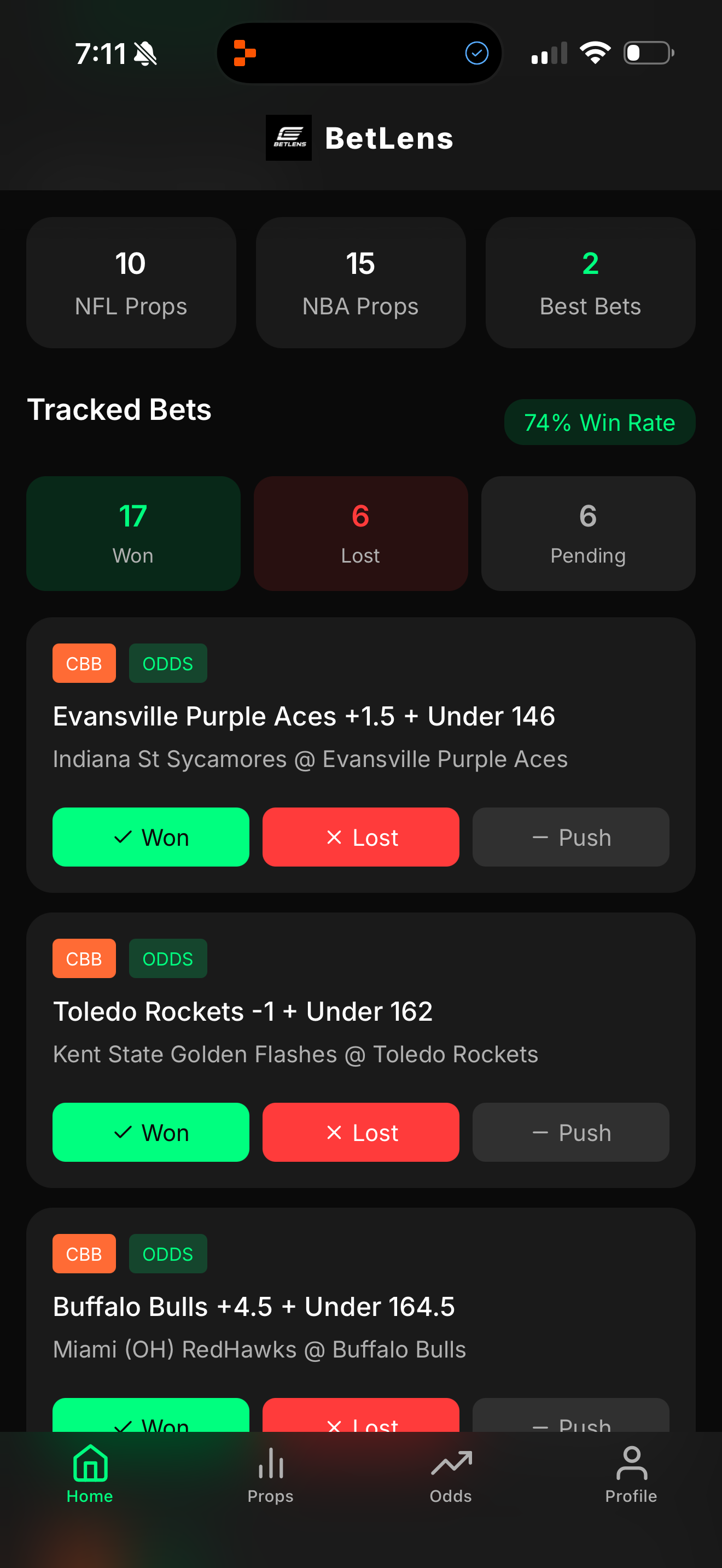 BetLens Home - Tracked Bets & Win Rate